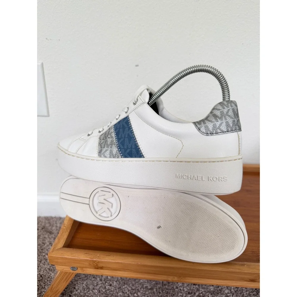 Michael Kors Poppy White Platform Sneakers Blue Silver Logo Stripe LS24J Sz 8.5
